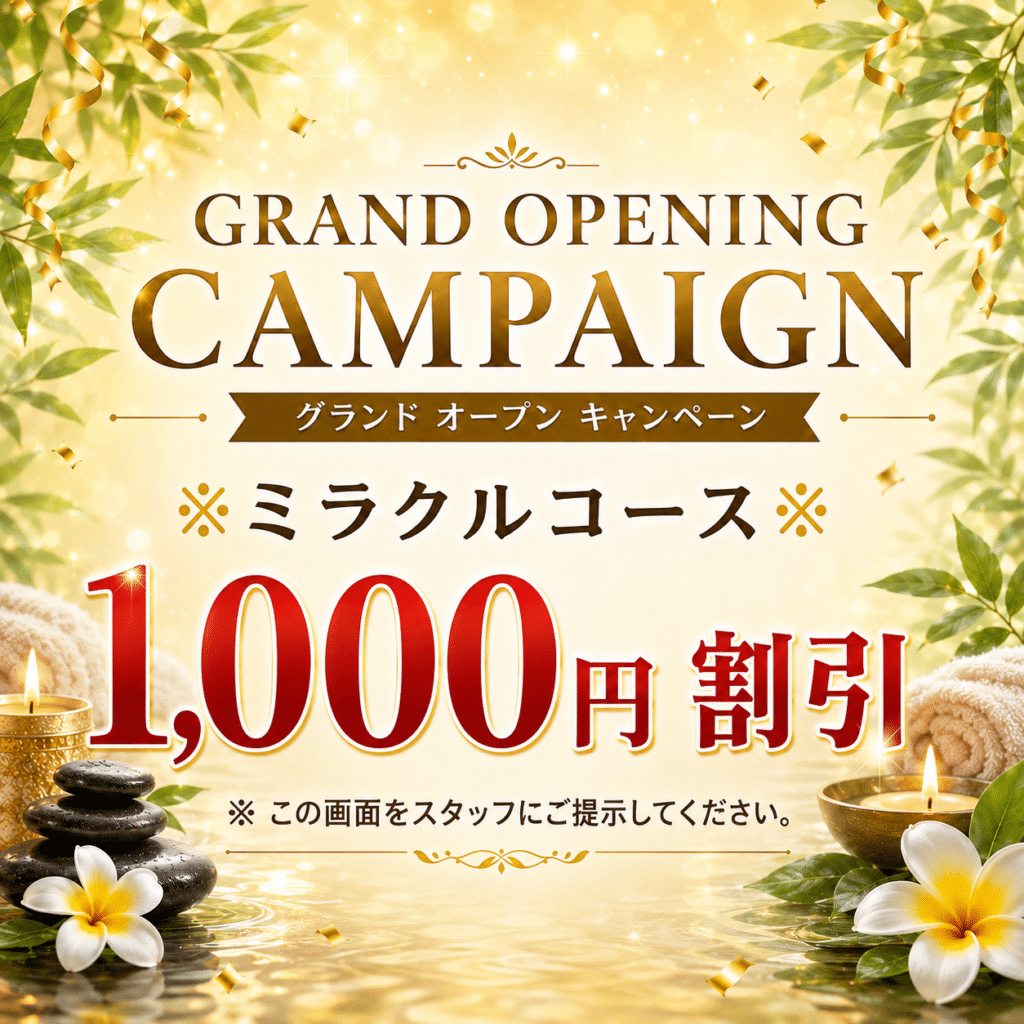 グランド オープン キャンペーン 西武新宿 新大久保 東新宿 タイマッサージ|ミラクル タイマッサージ&スパ 新宿店 